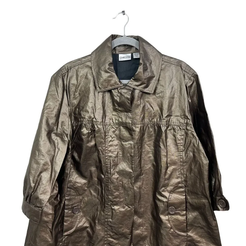 Chico's Womens Swing Linen Jacket Coated Metallic Bronze Button 3/4 Sleeve Sz 3* - Picture 2 of 5